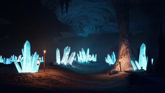 闪闪发光的水晶魔法蓝色神秘洞穴  3D渲染石笋季节冰柱气候冒险冰川运动旅游旅行勘探图片
