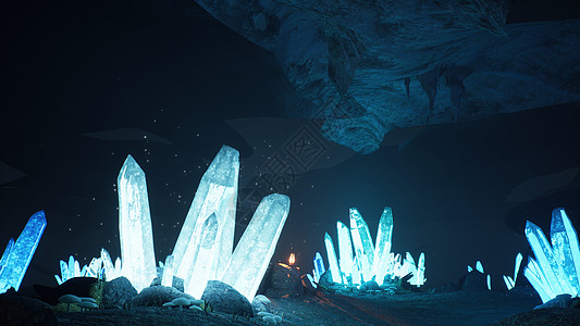 闪闪发光的水晶魔法蓝色神秘洞穴  3D渲染旅行土地季节钟乳石冰川勘探冰柱运动冒险石笋图片