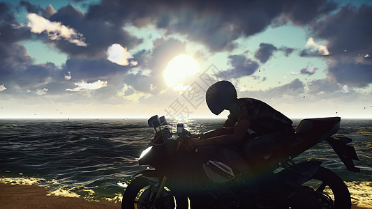 日出时在海滩上骑摩托车对抗海洋和天空的男子 生活方式概念 美丽的夏季背景 3D发音图片