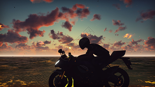 日落时在海滩上骑摩托车对抗海洋 天空的男子 生活方式概念 美丽的夏季背景 3D图片