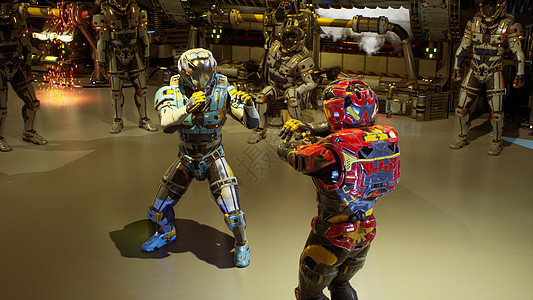 两名未来的士兵宇航员正在进行体育锻炼  3D渲染地球太空人太空服套装宇宙宇航服3d房间外星人科学图片