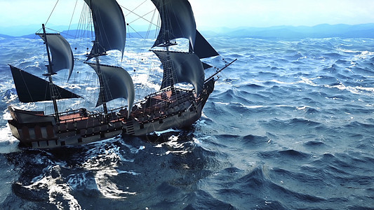 在开阔的海洋中 一艘美丽的帆船蓝色地平线历史桅杆海盗巡航航行大篷车历史性旗帜图片