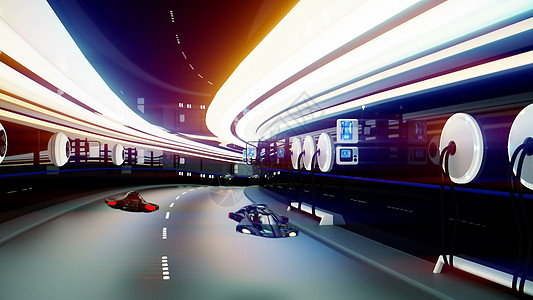 科幻隧道中有警察的未来派飞行汽车  3D渲染图片