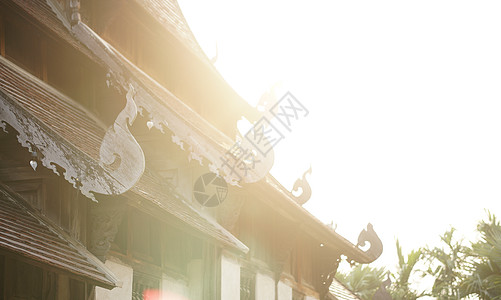 在佛教寺庙的木制古老佛教教堂上的阳光背景