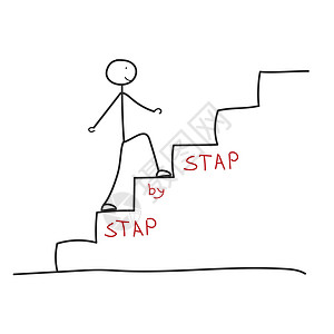 一个手绘的小男人形象正在爬楼梯 一步步 成功事业或晋升的阶梯 通往果阿的道路图片