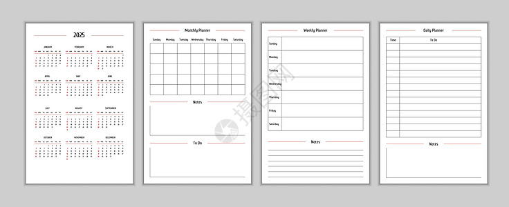 经典严格风格的 2025 年日历和每日每周每月个人计划日记模板 商务笔记本月历个人日程极简主义内敛设计 星期从周日开始季刊商业季图片