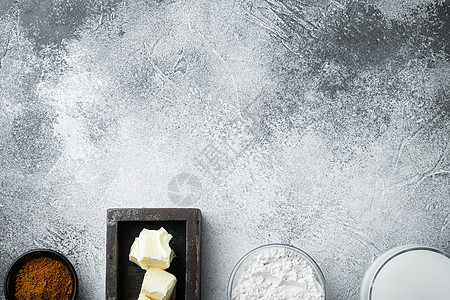 白色白贝查梅尔酱成分 灰石背景 顶视图 平面 有文本复制空间纹理石头白汁牛奶面条黄油灰色食谱图片