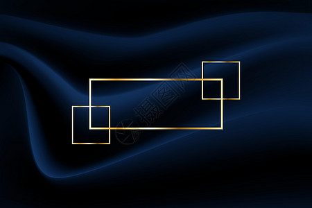 豪华线条金色边框和织物上的重叠装饰皱巴巴的深蓝色背景图片