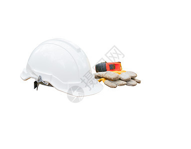 白色塑料头盔和手套皮革 在Wooden地板隔离的黑色背景上建造建筑工程用胶带安全设备进行测量;剪切路径图片