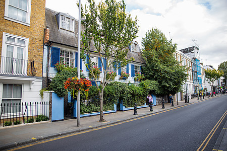 蓝色英属房子 有栅栏覆盖着攀爬植物住房财产英语建筑学住宅景观窗户人行道天空旅行图片