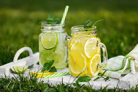 在夏季草坪的泥瓦罐里用薄荷 柠檬和柠檬以及石灰冷清凉的自制柠檬水水果草地饮食稻草橘味生活方式排毒液体叶子果汁图片