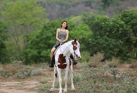 穿着裙子的女性在日落时 在田地风景中骑马对抗天空马术骑术骑师骑士牛仔马背农场场地草地女孩图片