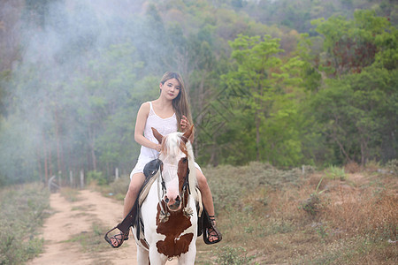 穿着裙子的女性在日落时 在田地风景中骑马对抗天空场地哺乳动物草地女孩牛仔骑士运动友谊马术宠物图片