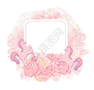 装饰花框与美丽的独角兽绘画花丝艺术明信片邀请函动物生日花朵玫瑰手绘图片