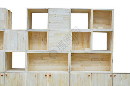 特写现代木制橱柜和被放置对象的空盒子图片