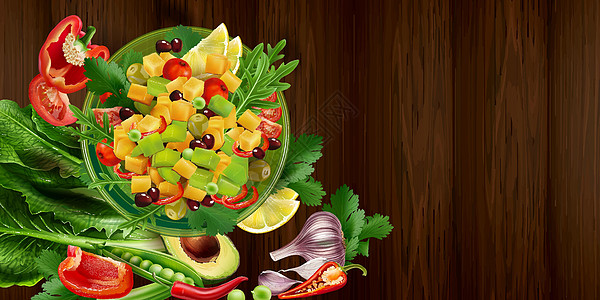 墨西哥沙拉和木制桌上的鳄梨食物盘子味道服务维生素餐厅美食柠檬厨房香菜图片