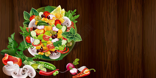 蔬菜沙拉 木制桌上有冠子酱石榴胡椒柠檬盘子饮食桌子洋葱薄荷食物味道图片