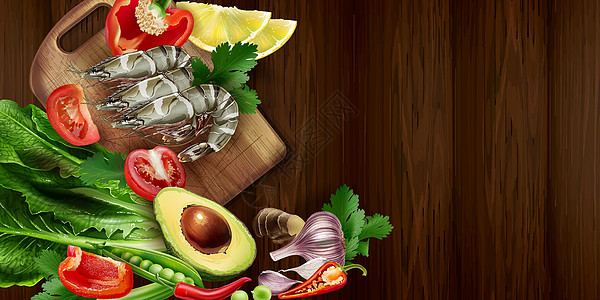 蔬菜和虾做菜沙拉用切削板饮食味道桌子香菜国王木板服务餐厅维生素厨房图片