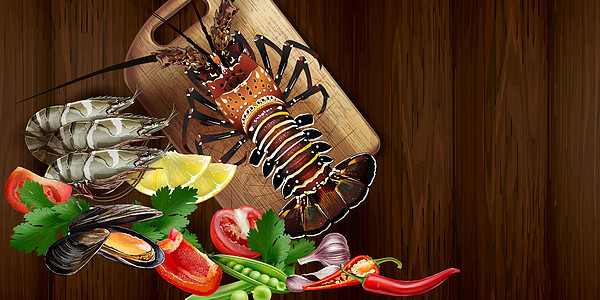 餐桌上的龙虾和海鲜香菜胡椒国王营养餐厅厨房柠檬动物对虾食物图片