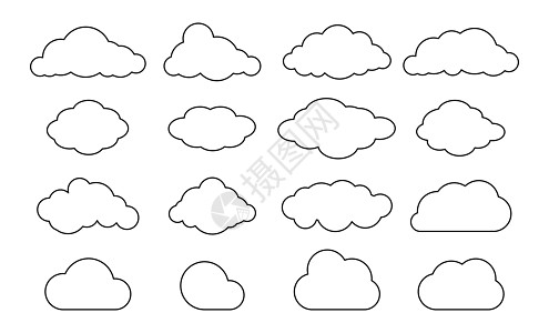 轮廓云 线云形状集 矢量黑色天空象形文字 细线数据库图标图片
