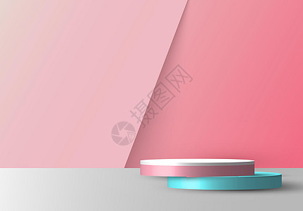 3D 逼真的空粉色蓝色和白色圆形基座模型重叠在柔和的粉色背景上图片