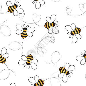 与蜜蜂在白色背景上的无缝模式 小黄蜂 矢量图 可爱的卡通人物 邀请函 卡片 纺织品 织物的模板设计 涂鸦风格绘画野生动物荒野动物图片