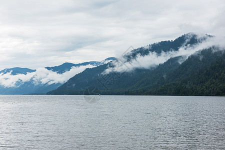 阿尔泰山区福吉特莱斯科耶湖场景环境爬坡天空全景薄雾太阳地平线涟漪绿树图片