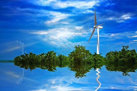 绿色岛屿上的风力涡轮机图片