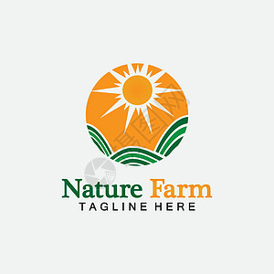自然农场和农业矢量标志插画设计 太阳农场 田野农场景观和太阳的孤立插图 农业 收获 天然农产品的概念公司小麦收成土地生物标签市场图片
