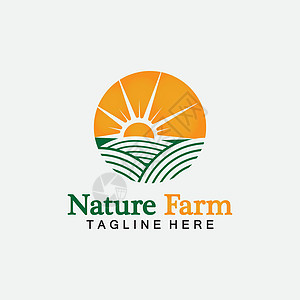 自然农场和农业矢量标志插画设计 太阳农场 田野农场景观和太阳的孤立插图 农业 收获 天然农产品的概念市场场地叶子公司生物植物标签图片