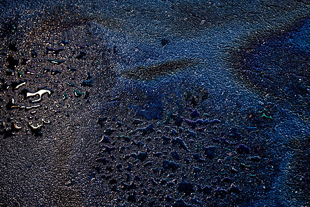 汽车或卡车下漏水造成的湿沥青油渍街道危害润滑脂印迹生物树叶紫色危机事故力量图片