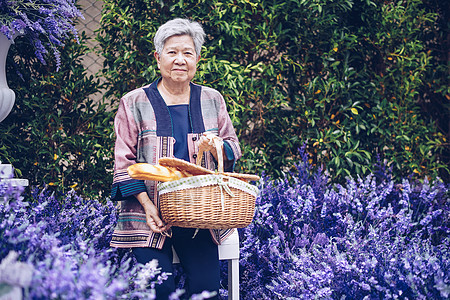 年老的亚洲老年老年妇女 在衣食植物花卉花园中吃野餐篮子退休柳条午餐薰衣草面包女性女篮场地公园闲暇图片