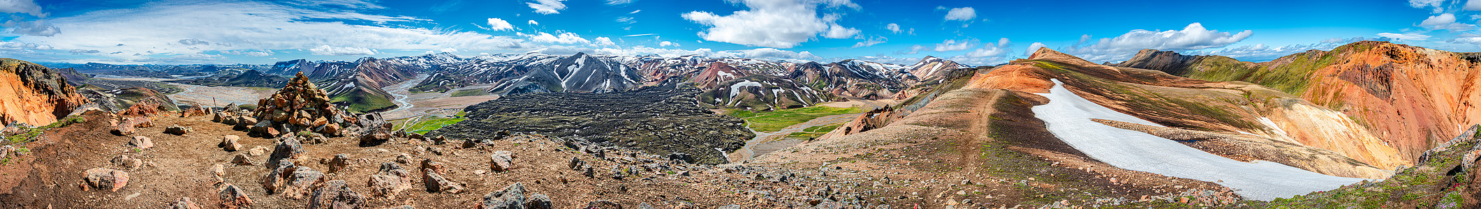 冰岛蓝天五颜六色的彩虹火山山脉 火山 熔岩场和露营地的 360 度全景景观地热远足探索观光高地冒险岩石旅行首脑登山图片