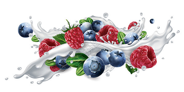 蓝莓和草莓 在牛奶或酸奶喷洒广告味道饮料甜点厨房食物覆盆子营养美食水果图片
