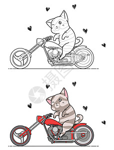 可爱的猫正在骑摩托车卡通儿童着色页图片