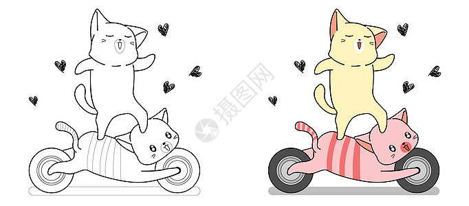 可爱的猫正在骑摩托车猫卡通儿童着色页图片