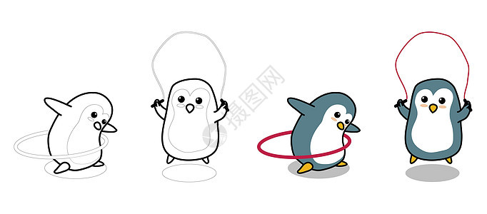 可爱的企鹅正在为孩子锻炼卡通着色页图片