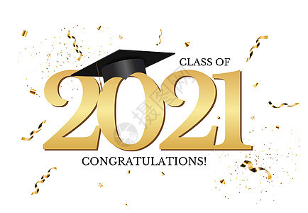 2021 年毕业班 毕业帽和五彩纸屑 矢量图 Eps1卡片庆典大学派对教育插图研究生学生金子帽子图片