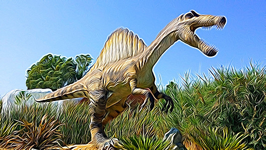 代表棘龙的数字绘画风格攻击牙齿博物馆化石生物古生物学动物地球灭绝侏罗纪图片