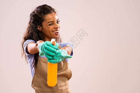 专业女佣喷雾乐趣手套围裙女孩家务清洁工防护棕色房子图片
