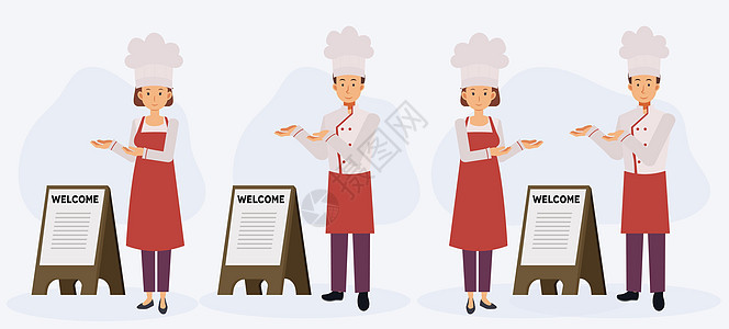 男女主厨正在招呼顾客进入餐厅 欢迎标语 平面矢量卡通人物图片