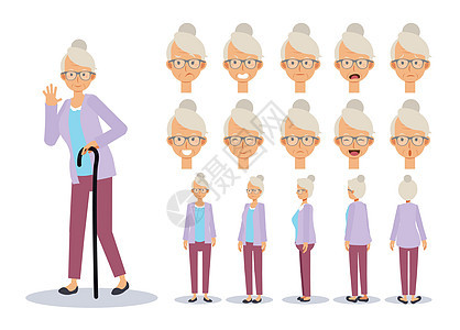 老太太的平面矢量插图集 正面视图 情绪表达 动画角色图片
