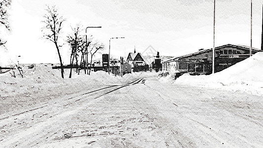 黑色和白水彩色风格的斯堪的纳维亚北部冬季看一眼道路景象路灯风景教会雪花农村建筑学窗户插图城市建筑图片