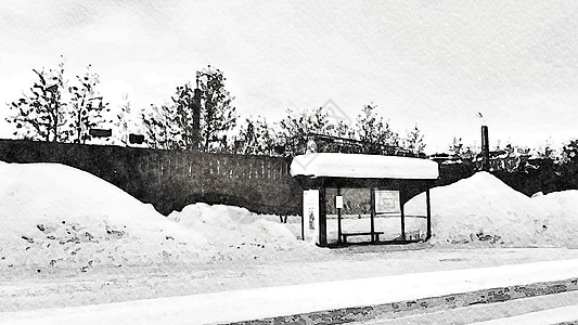 冬季斯堪的纳维亚北部一个公共汽车站的黑色和白水彩色风格图片