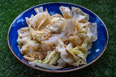 炒菜卷心菜和鱼酱 在日本的碗里 用绿色草原背景 亚洲人自制风格食品的概念图片