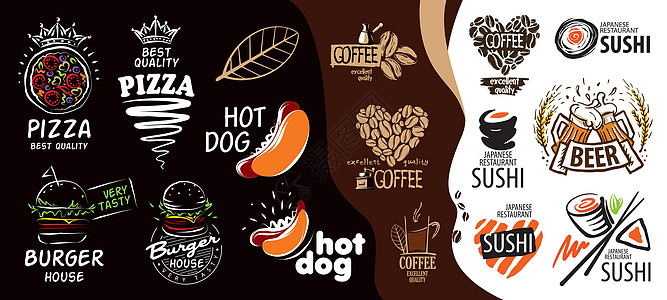 抽食快食的矢量指标咖啡寿司汉堡打印刻字海鲜菜单帽子食物翅膀图片