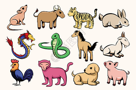 一套十二生肖星座符号插图手绘八字月球老鼠日历老虎文化山羊卡通片图片