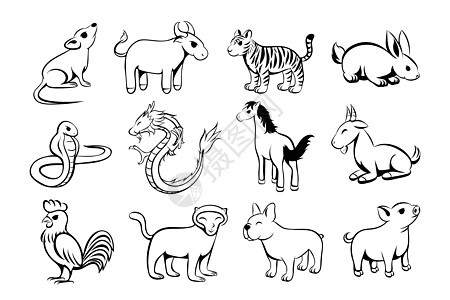 一套十二生肖星座符号收藏卡通片老虎山羊插图星座内存公鸡老鼠手绘图片