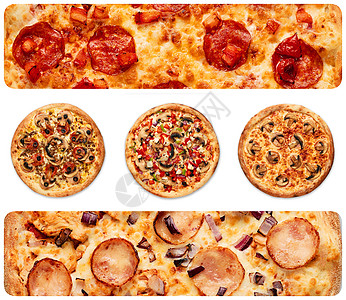 白色背景上不同比萨饼的颜色餐厅蔬菜菜单脆皮食物香肠披萨小吃海鲜火腿图片