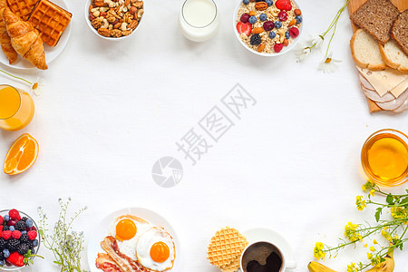 健康早餐背景情况饮食橙子浆果谷物食物羊角营养酸奶面包燕麦图片